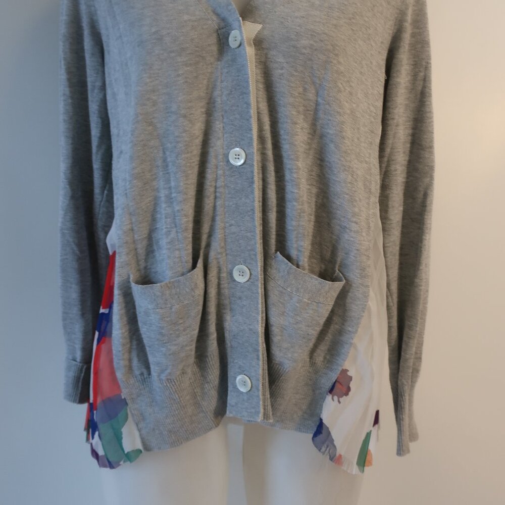 Women Sacai White Multicolor Floral Mixed Media Knit V-Neck Cardigan Sweater L - Picture 8 of 14
